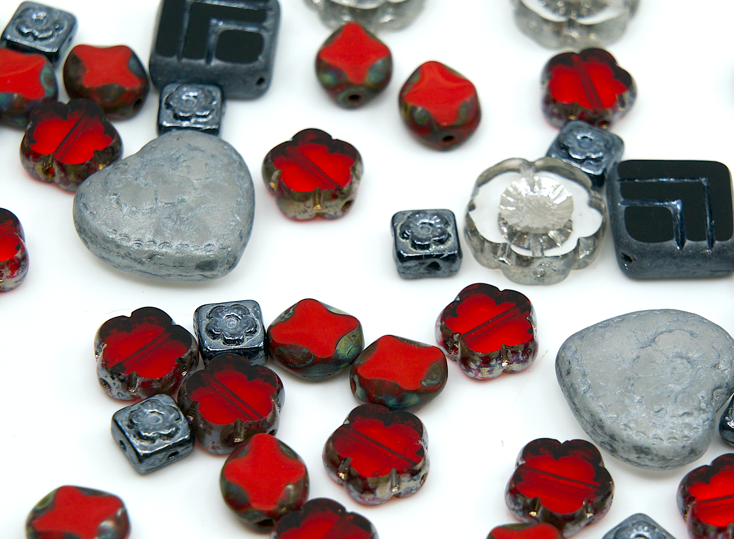 Focal Glass Bead Mix with Table-Cut Flower and Heart Beads, PG Red