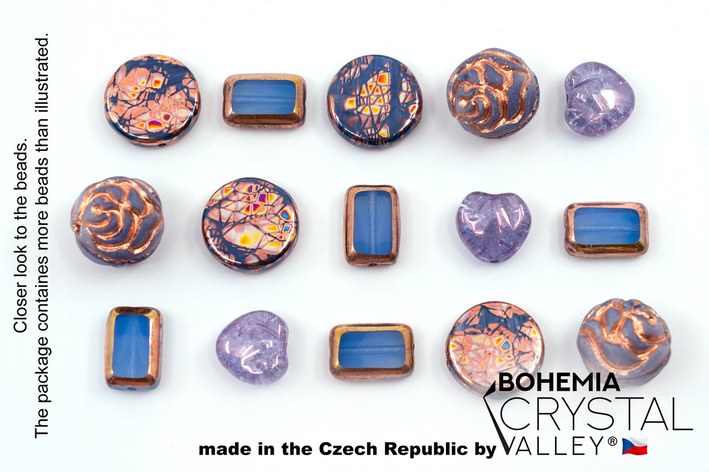 Glas-FOCAL-Perlenmischung mit Rosen, Tischschliff- und rissigen tschechischen Perlen, PG Blau Kupfer Violett