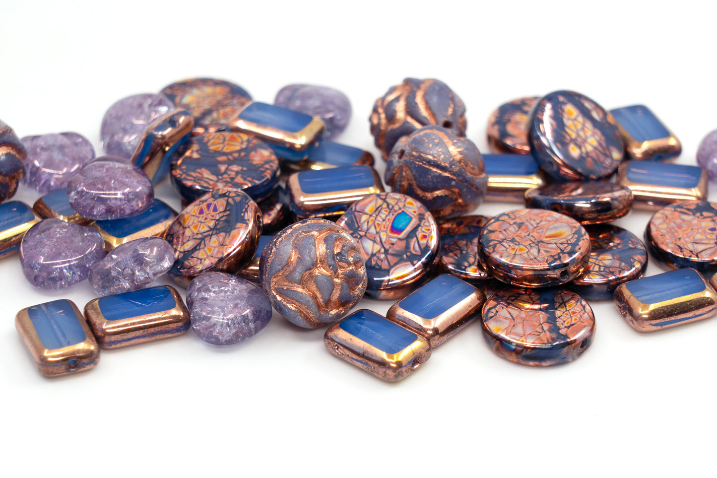 玻璃 FOCAL 珠子与玫瑰混合，桌面切割和裂纹捷克珠子，PG 蓝铜紫罗兰