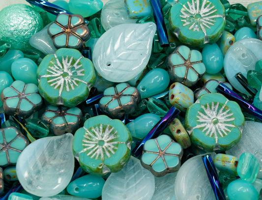Mix of Unique Czech Bohemia Glass Pressed Beads, Rocailles, Opaque Turquoise Green Copper Crystal Silver, Matte and Glossy, Hand Made BCV
