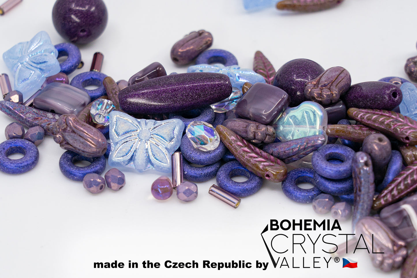 Mix of Unique Czech Bohemia Glass Pressed Beads, Violet Purple Pink Crystal AB, Table Cut, Matte and Glossy, Hand Made BCV