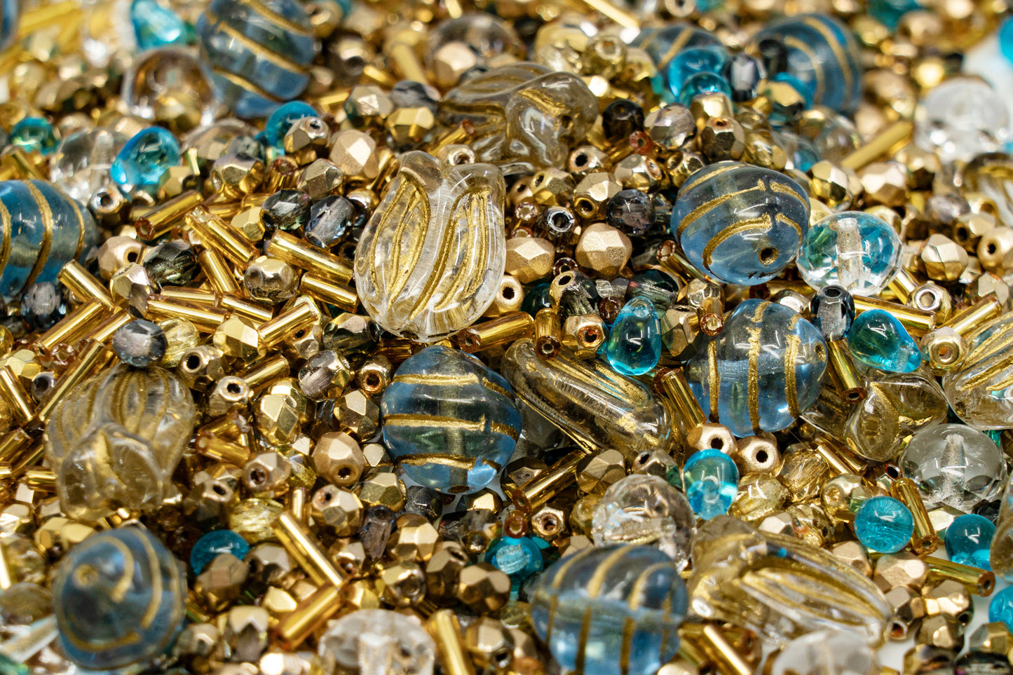 Mix of Unique Czech Bohemia Glass Pressed Beads, Rocailles, Aztec Pale Gold Crystal, Matte and Glossy, Hand Made BCV