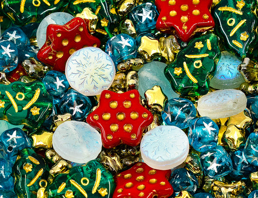 Christmas Glass Bead Mix with trees and stars, Green, Red, Gold, Silver Xmas