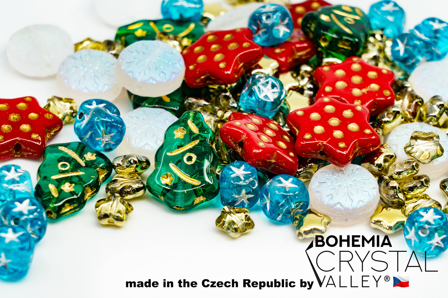 Christmas Glass Bead Mix with trees and stars, Green, Red, Gold, Silver Xmas