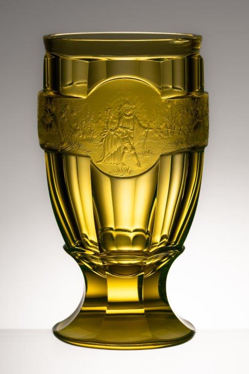 Hand Carved Vintage Uranium Glass Tableware (Glow under UV, No hot water) - Biedermeier cup with fine engraving around the perimeter, Glass, Czech Republic