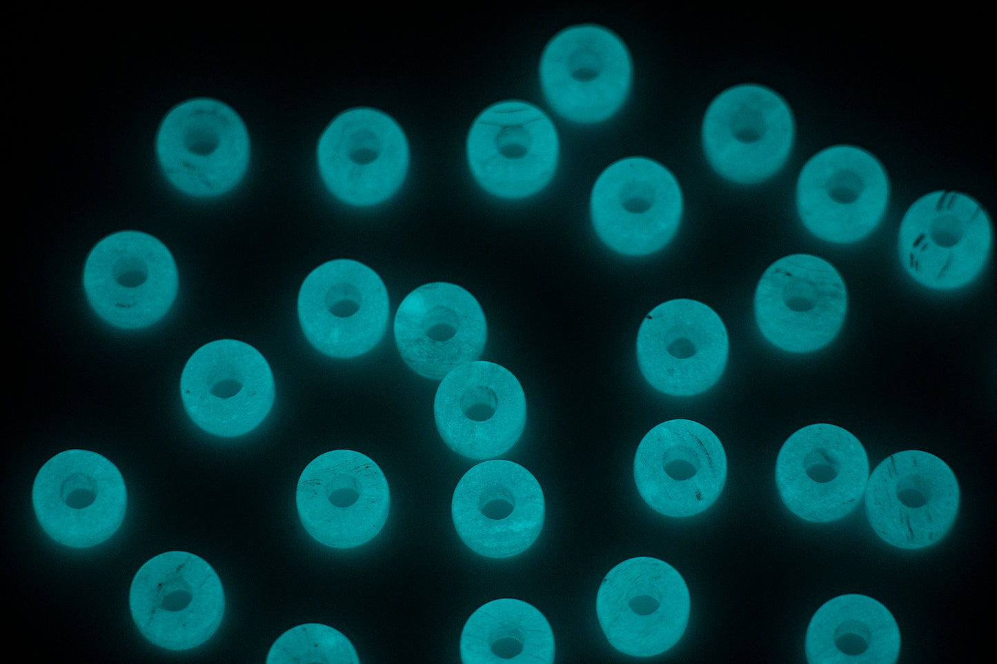 Pony Round Big-hole glass beads, 9x6mm with big hole 2 mm, Czech Republic, Dirty White - Glow in the Dark Bright Blue