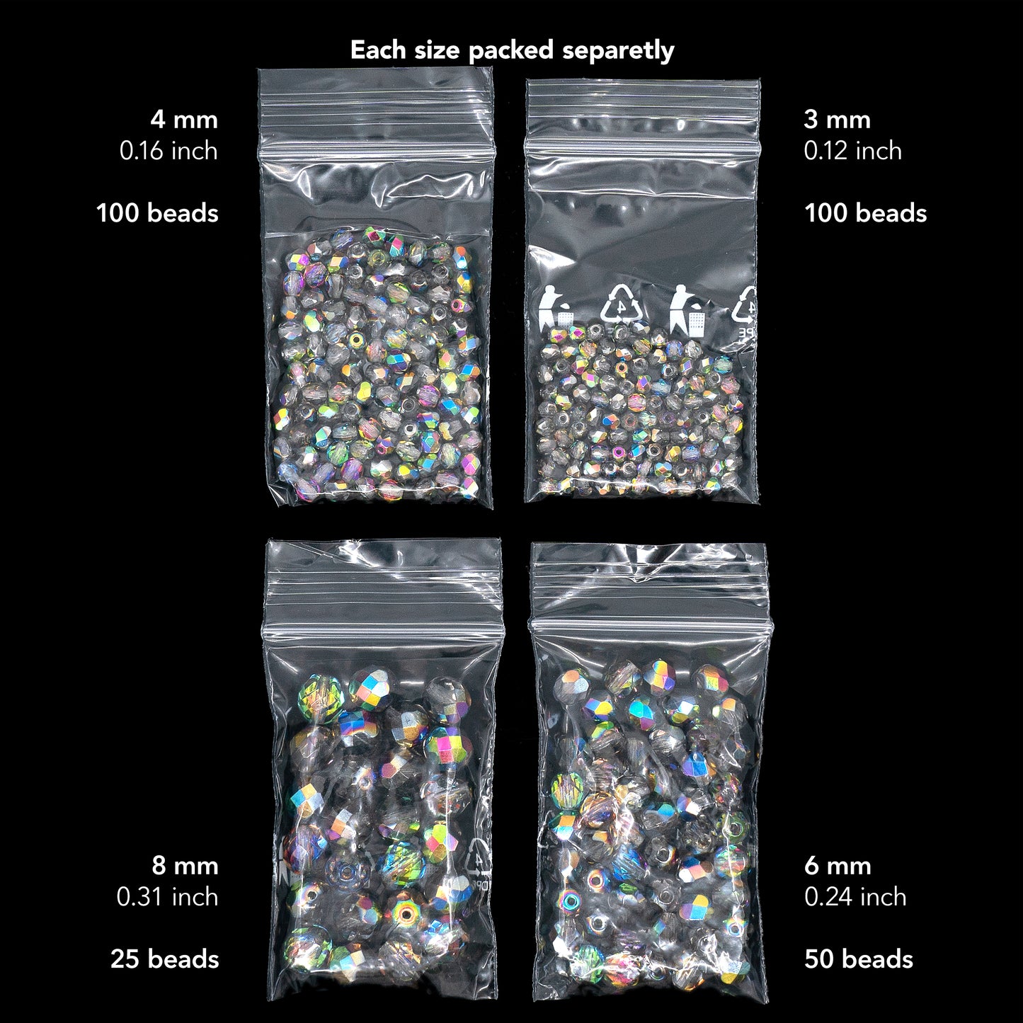 275 件套捷克刻面玻璃珠，火抛光圆形水晶玻璃珠 - 3 毫米（100 颗）、4 毫米（100 颗）、6 毫米（50 颗）、8 毫米（25 颗）珠宝制作套件