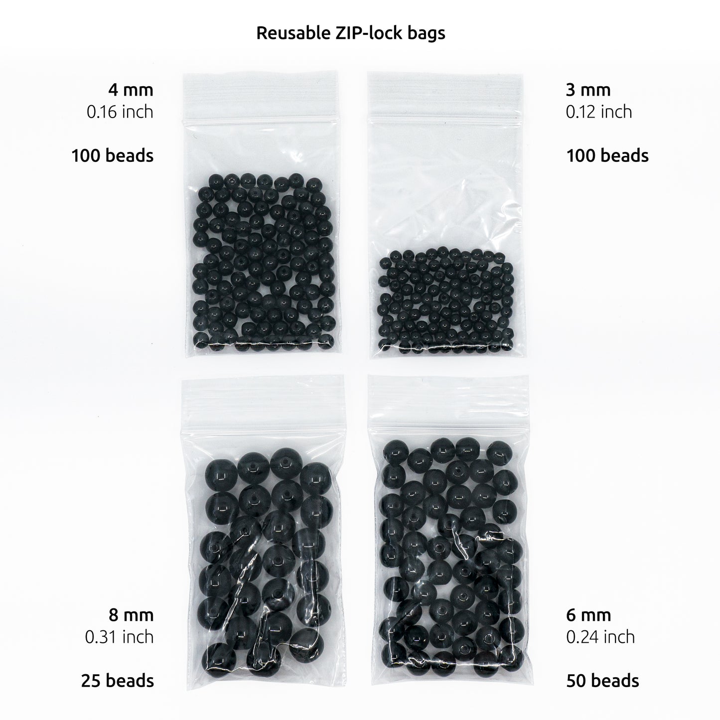 275 件套捷克圆形玻璃珠，深黑色 - 3 毫米（100 颗）、4 毫米（100 颗）、6 毫米（50 颗）、8 毫米（25 颗）珠宝制作套件