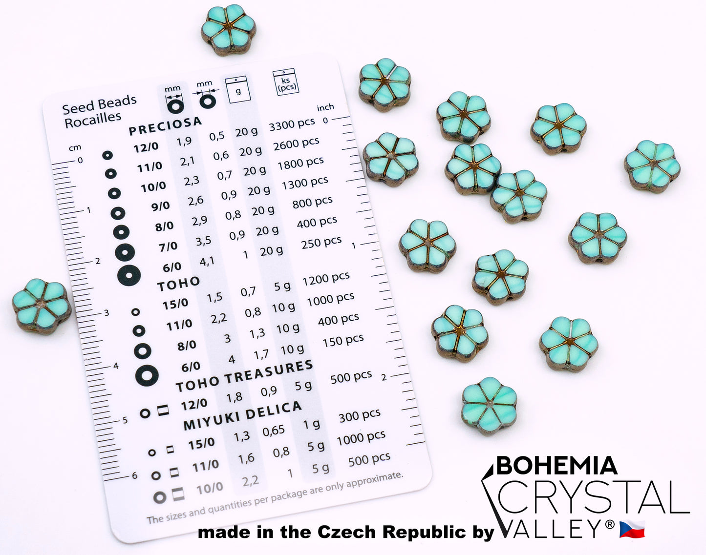 Czech Glass Beads & Japaneese TOHO Seed Beads for Jewelry Making Set - 4 Gentle Distinct packs: Table Cut Flowers, Fire Polished Faceted 4mm, 2x TOHO Rocailles Mix Teal & Pink Beige