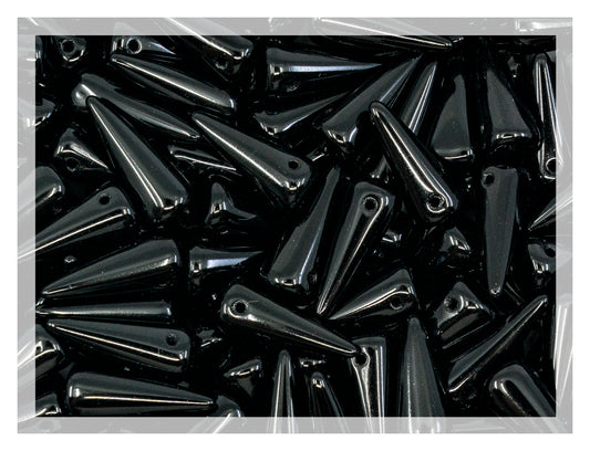 Große Spike-Glasperlen, gepresste tschechische Dornenperlen mit 1 Loch und flachem Boden, Tiefschwarz 23980, 7 x 17 mm