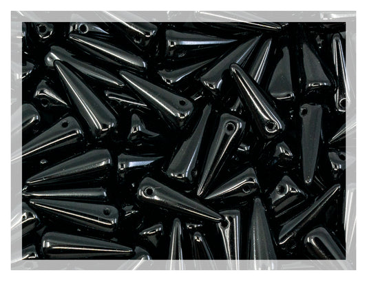 Big Spike Glass Beads, Thorn 1-hole pressed Czech Beads with flat bottom, Jet Black 23980, 7x17mm