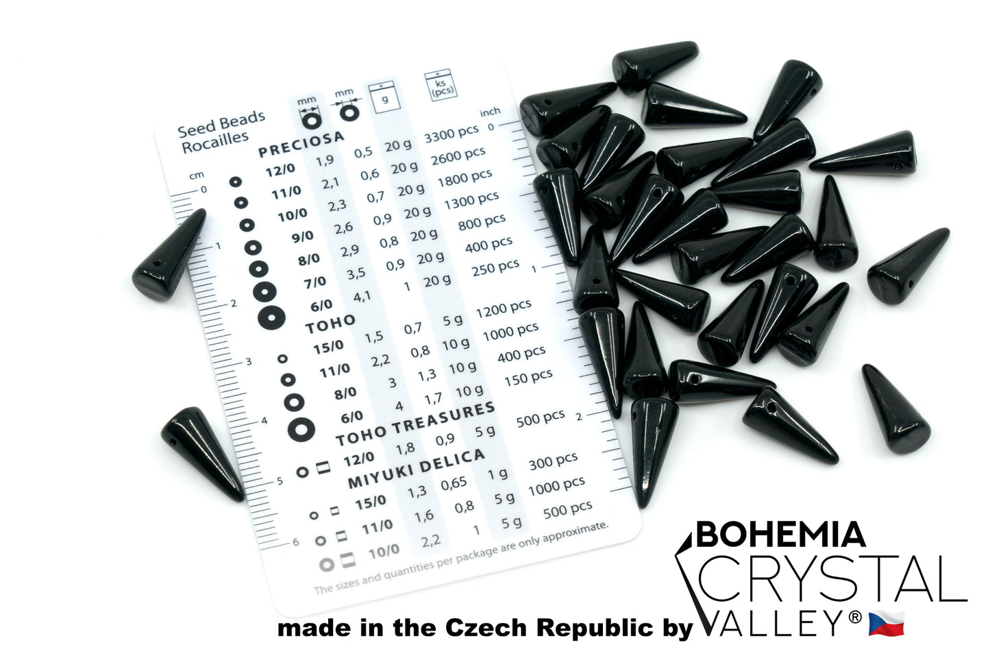 Große Spike-Glasperlen, gepresste tschechische Dornenperlen mit 1 Loch und flachem Boden, Tiefschwarz 23980, 7 x 17 mm