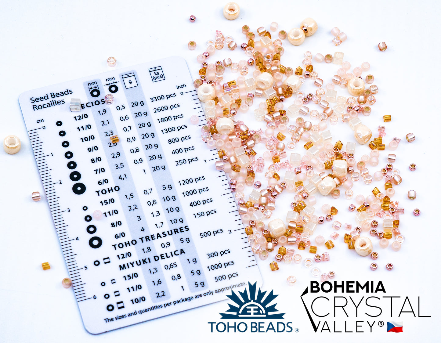 Czech Glass Beads & Japaneese TOHO Seed Beads for Jewelry Making Set - 4 Gentle Distinct packs: Table Cut Flowers, Fire Polished Faceted 4mm, 2x TOHO Rocailles Mix Teal & Pink Beige