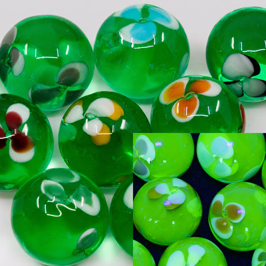 1 pc Uranium Round Glass Sphere Marble without Hole with Flower (25 mm) GREEN, Glass, Czech Republic