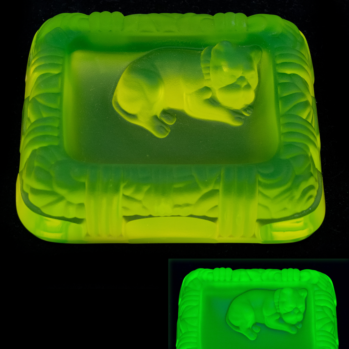 Vintage Uranium Art Glass (Glow under UV, No hot water) - Buldog Ring Dish, Glass, Czech Republic, OUTLET