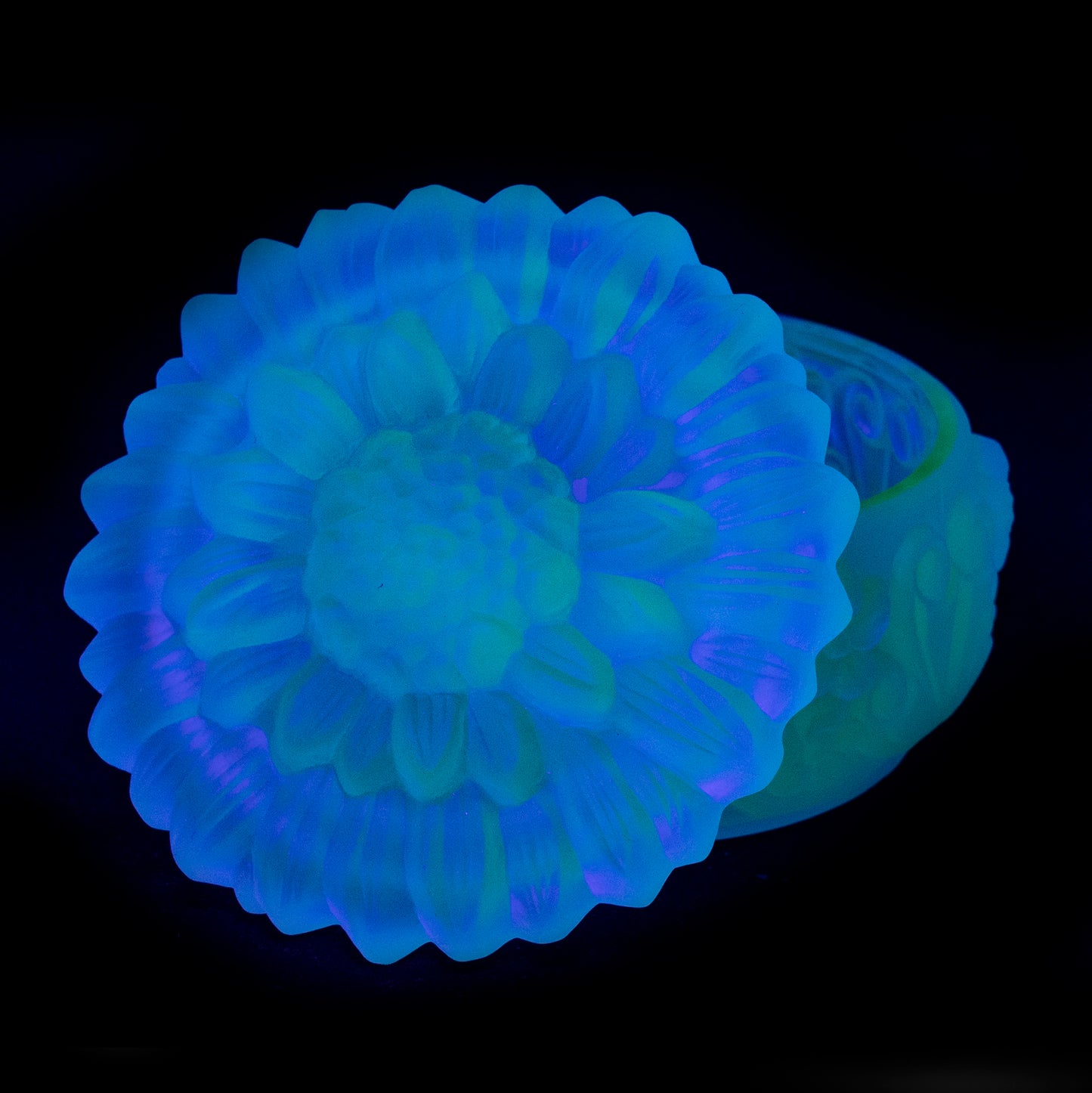 MOSS GREEN Uranium Glass Tableware (Glow under UV) - Jewelry Box / Bowl with Lid - Flower, Czech Republic
