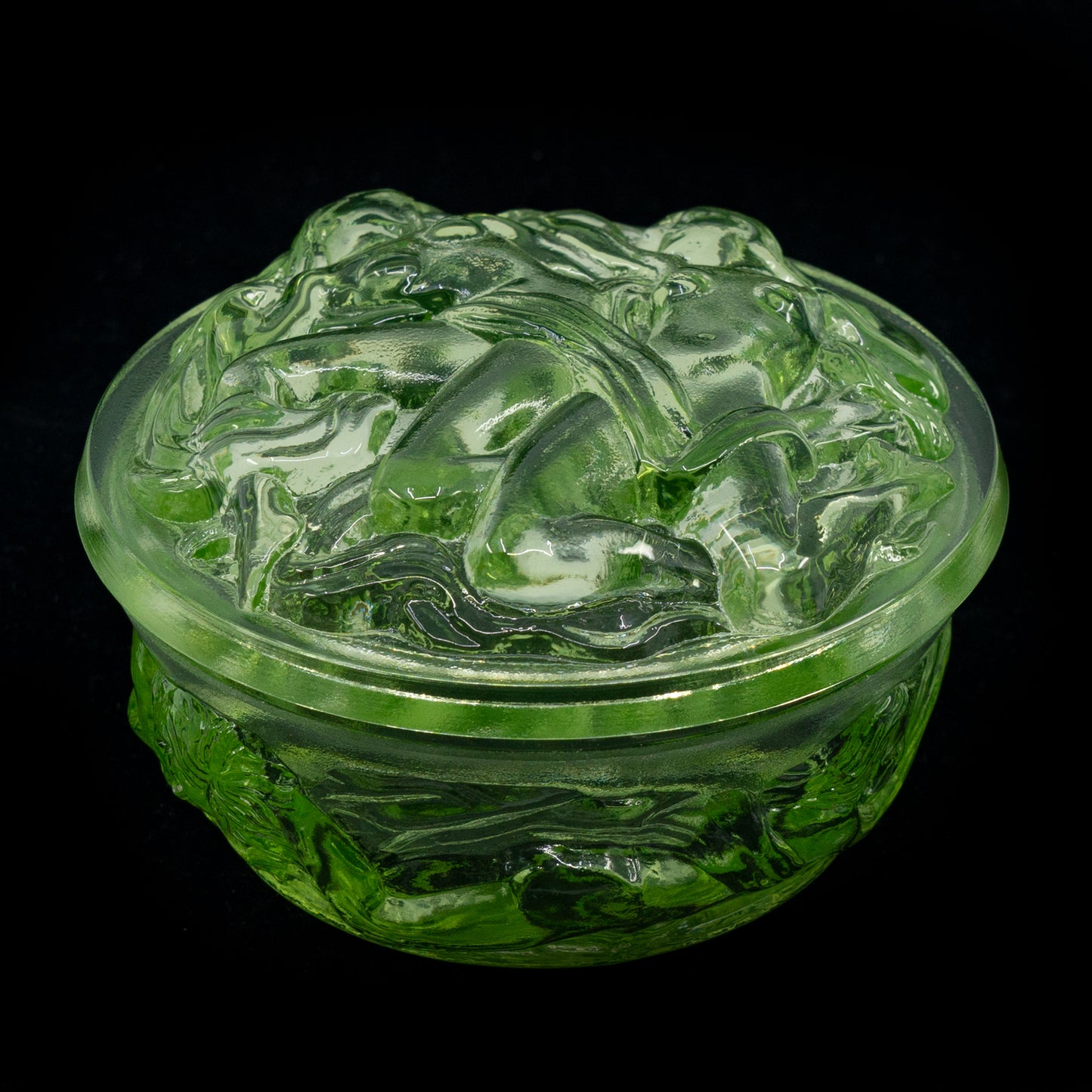 ウランガラス食器（紫外線下で光る） - ジュエリーボックス/蓋付きボウル - フラワー、チェコ共和国
