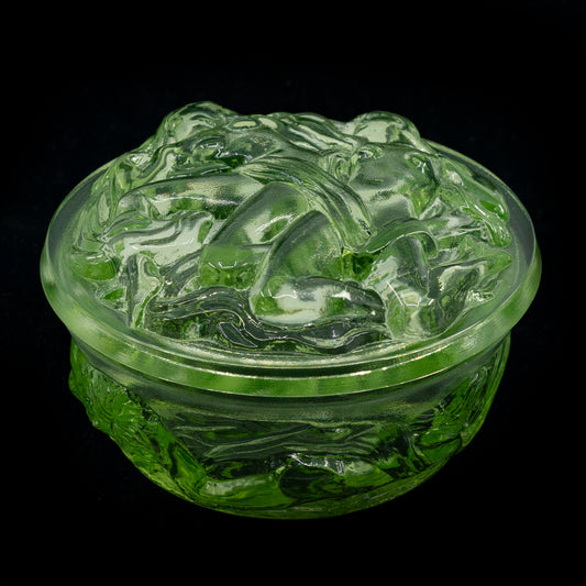 MOSS GREEN Uranium Glass Tableware (Glow under UV) - Jewelry Box / Bowl with Lid - Two Ladies, Czech Republic