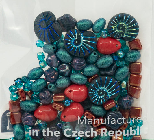 Mix of Unique Czech Bohemia Glass Pressed Beads, Matte and Glossy, Hand Made, Coral Red Blue, Glass, Czech Republic