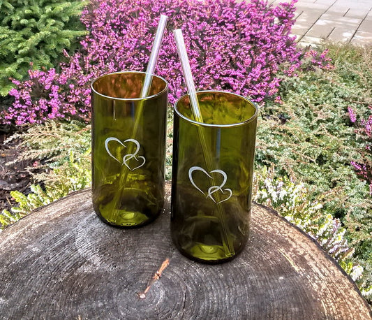 2 pcs Set of Water Glasses made from recycled wine bottle with glass straw, Glass, Czech Republic