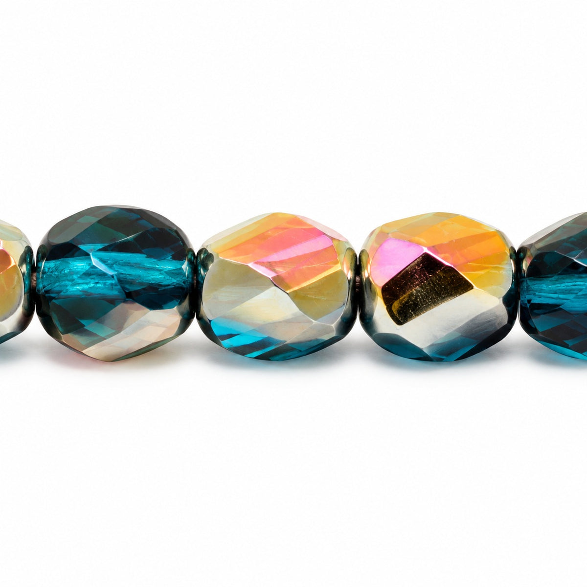 Shutter Cut Faceted Fire Polish Beads, Transparent Aqua Volcano (60080-28001), Glass, Czech Republic