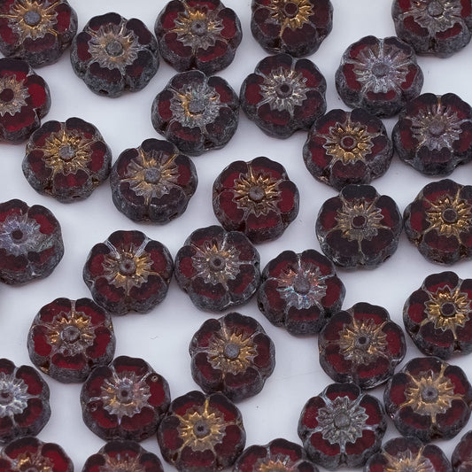 OUTLET 250g/50g Table Cut Hawaii Flower Beads, 8 x 8 mm, Transparent Red Matte Vega Iris (90090-84100-15781), Glass, Czech Republic