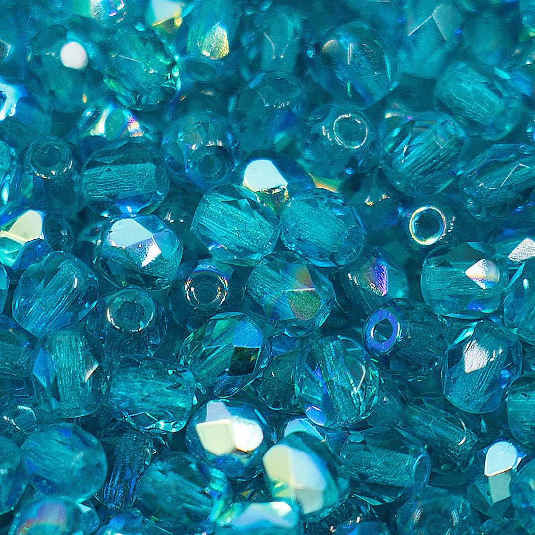 OUTLET 10 grams Faceted Round Fire Polished Beads, 4 x 4 mm, Transparent Aqua Ab (60150-28701), Glass, Czech Republic