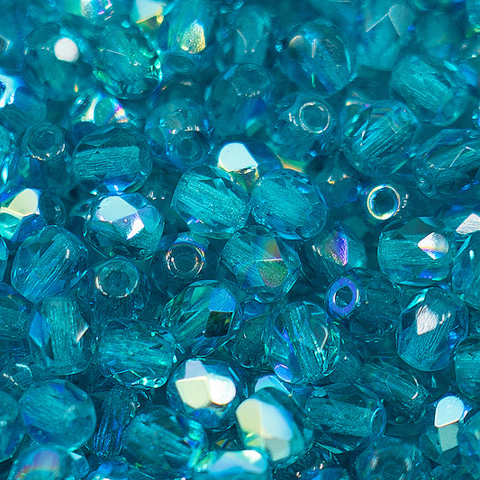 OUTLET 10 grams Faceted Round Fire Polished Beads, 4 x 4 mm, Transparent Aqua Ab (60150-28701), Glass, Czech Republic