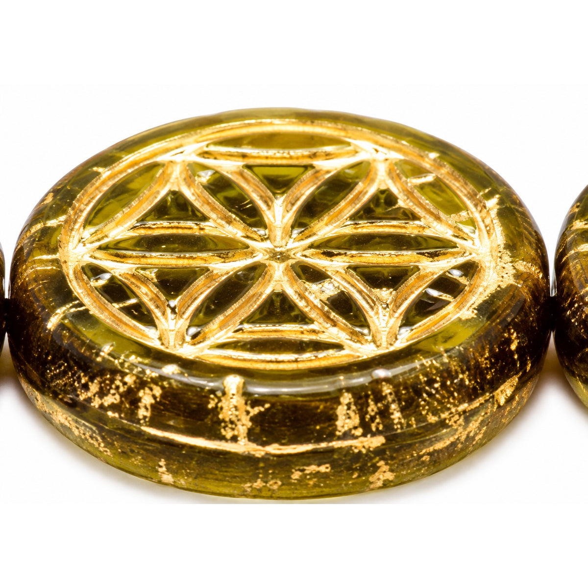 Ornamental Coin Beads, Transparent Green Gold Lined (50230-54202), Glass, Czech Republic