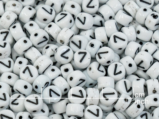 OUTLET 250g Pressed Czech Glass Letter Number Beads, 6 x 6 mm, (7), White Black Lined, Glass, Czech Republic