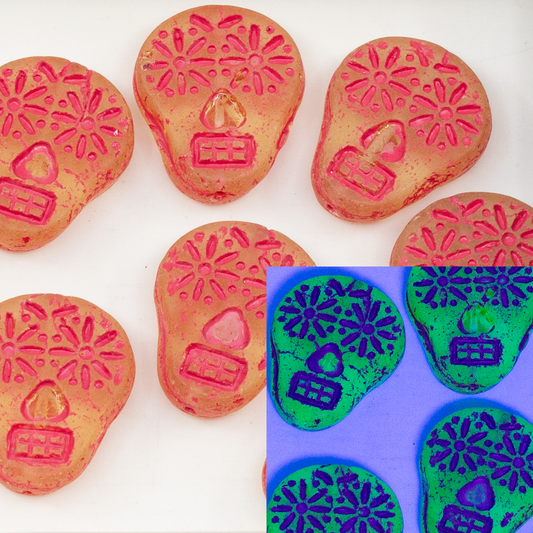 OUTLET 10 grams Sugar Skull Beads, 20 x 16 mm, Transparent Yellow Matte Pink Lined (80130-84100-54321), Glass, Czech Republic