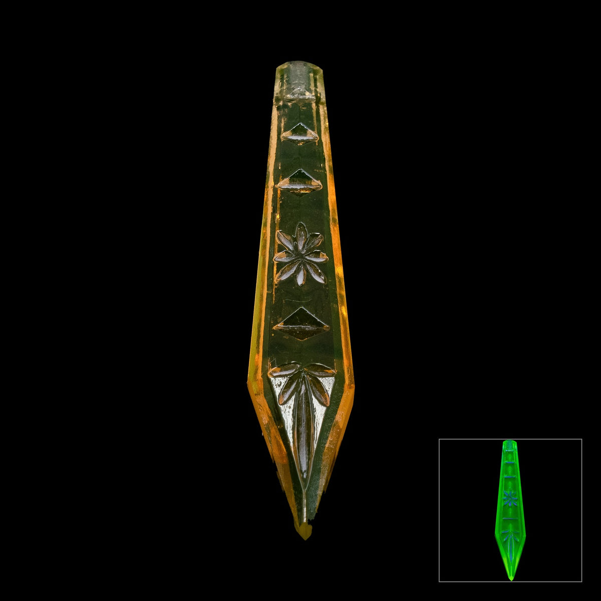 1 pc Uranium Chandelier Trimming Star Cut Icicle Drop (approx. 64x13mm), Amber, Hand Cut and Polished Glass, Czech Republic, OUTLET
