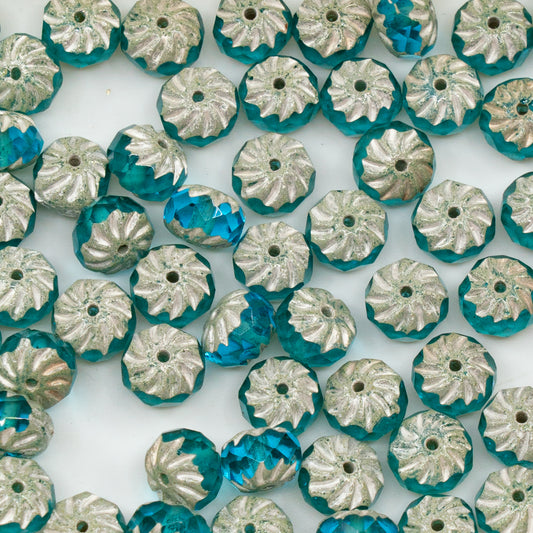 OUTLET 10g Special Cut Faceted Fire Polished Beads, 5 x 8 mm, Transparent Aqua Antique Silver Patina (60020-81002), Glass, Czech Republic