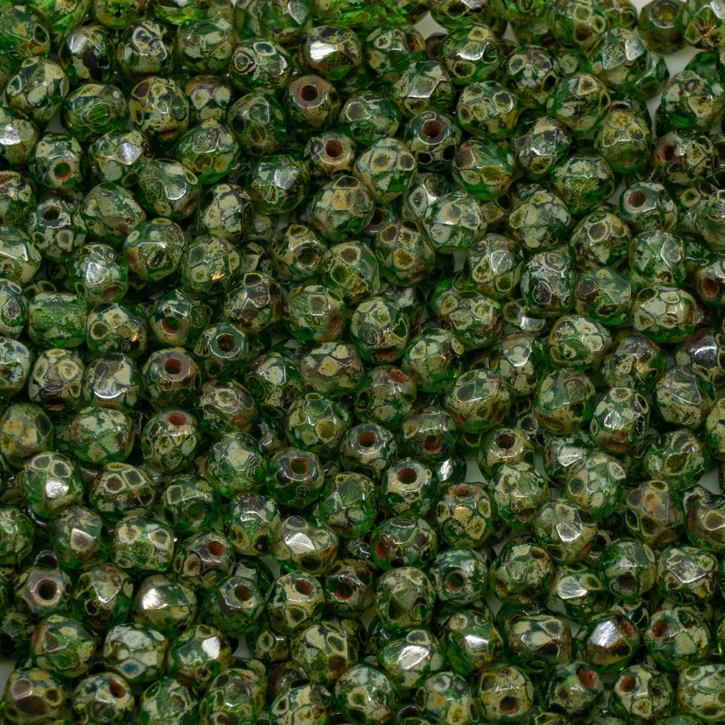 アウトレット（125g/250g）ファセットラウンドファイアポリッシュビーズ、エメラルドグリーントラバーチン（50120-86800）、ガラス、チェコ共和国