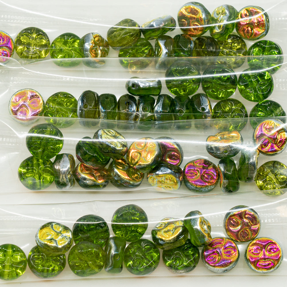 OUTLET 10 grams Pressed Beads Moon Face, 8 x 8 mm, Transparent Green Rose Gold Capri (50230-27101), Glass, Czech Republic