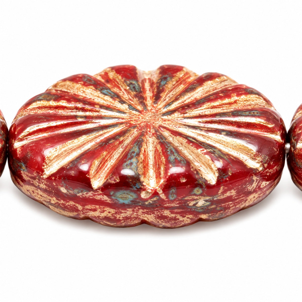 Flat Oval Pressed Glass Beads With Rays, Opaque Red 96827 (93200-96827), Glass, Czech Republic