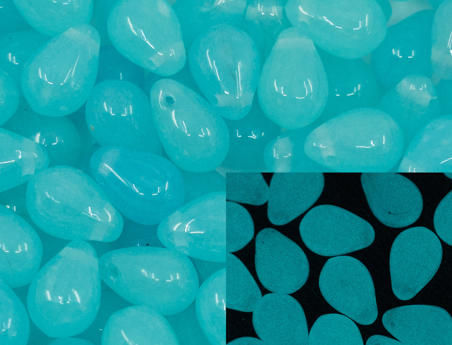 OUTLET 10 grams Drop Beads, 6 x 9 mm, Turquoise Glow (TURQUOISE-glow), Glass, Czech Republic