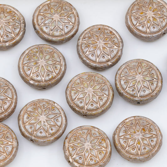 OUTLET 10 grams Ornamental Coin Beads, 13 x 13 mm, White Cream Luster Spotted Copper Lined (02010-65321-54324), Glass, Czech Republic