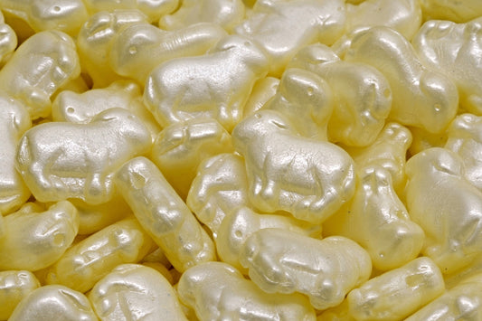 Sheep Pressed Beads, White Laser Etched Decor On Cream (02010-25039), Glass, Czech Republic