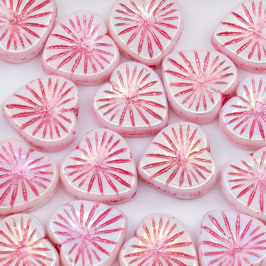 OUTLET 250g/50g Kiwi Heart Beads, 14 x 14 mm, White Ab Full (2X Side) Pink Lined (02010-28703-54321), Glass, Czech Republic