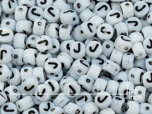 OUTLET 250g Pressed Czech Glass Letter Number Beads, 6 x 6 mm, (j), White Black Lined, Glass, Czech Republic
