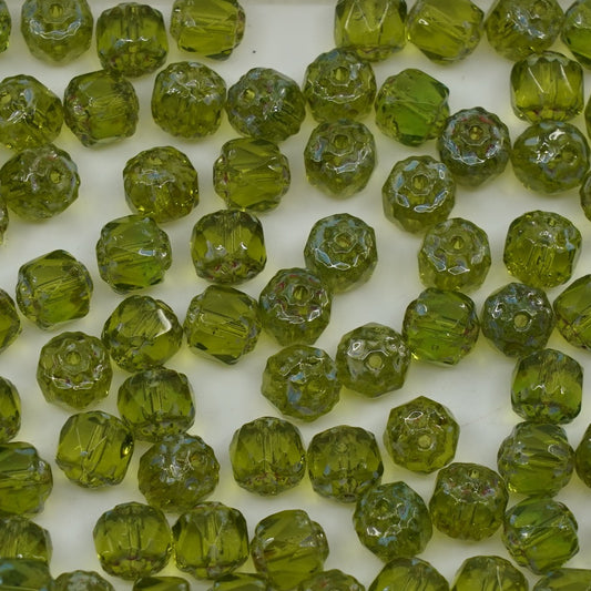 OUTLET 250g/50g Cathedral Faceted Fire Polished Beads, 6 x 6 mm, Transparent Green 36800 (50230-36800), Glass, Czech Republic