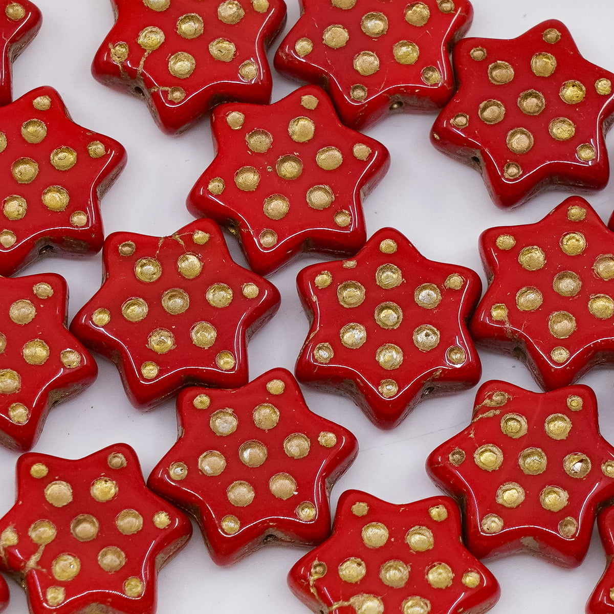 OUTLET  grams Pressed Beads Star With Dot, 16 x 16 mm, Opaque Red Gold Lined (93200-54302), Glass, Czech Republic