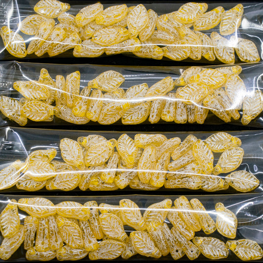 OUTLET 10 grams Bay Leaf Beads, 6 x 12 mm, Transparent Yellow White Lined (80020-46401), Glass, Czech Republic