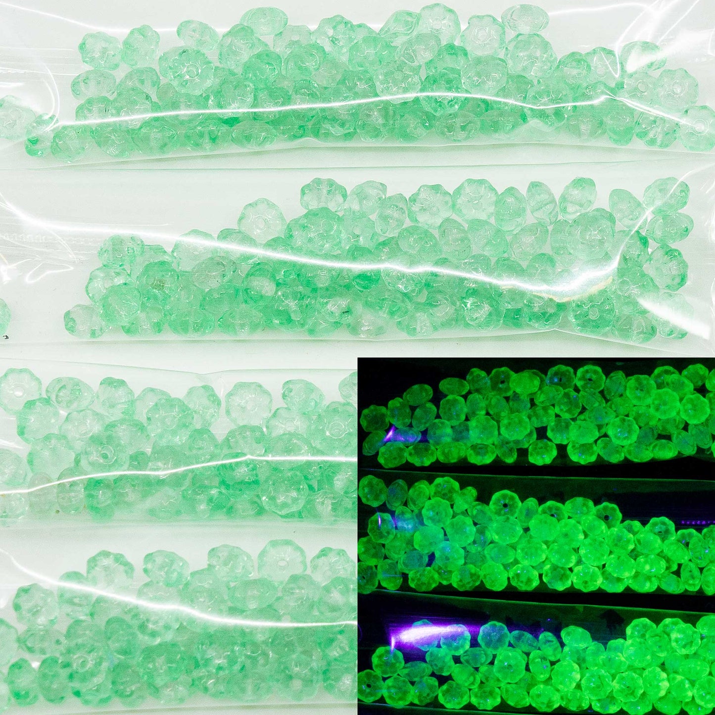 OUTLET 10 grams Spacer Beads Round, 6 x 6 mm, Green Transparent Uranium (50820), Glass, Czech Republic