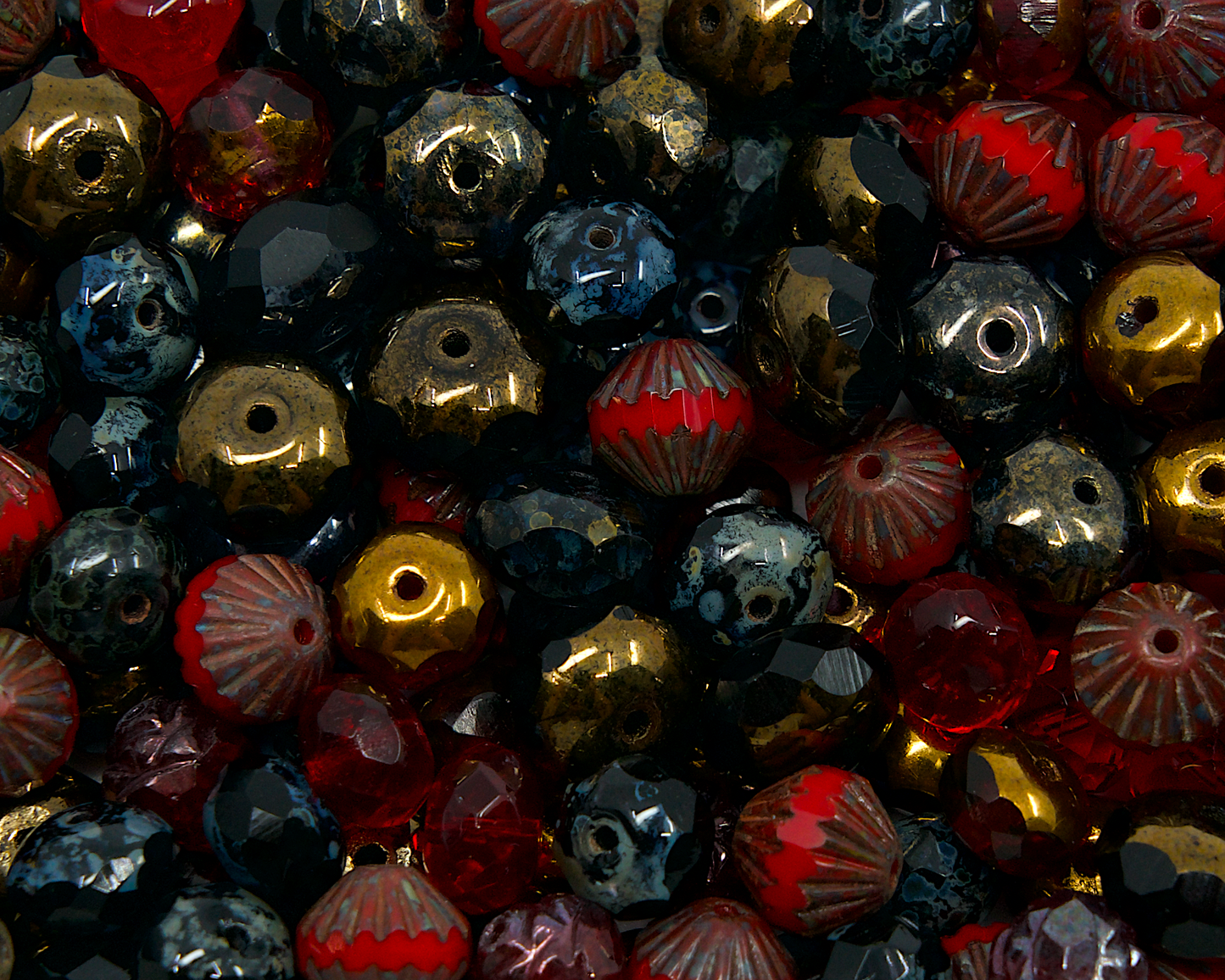 OUTLET 10 grams Faceted Fire Polished Beads Mix (Cathedral, Rondelle, Lantherns), Mix Black Red (), Glass, Czech Republic