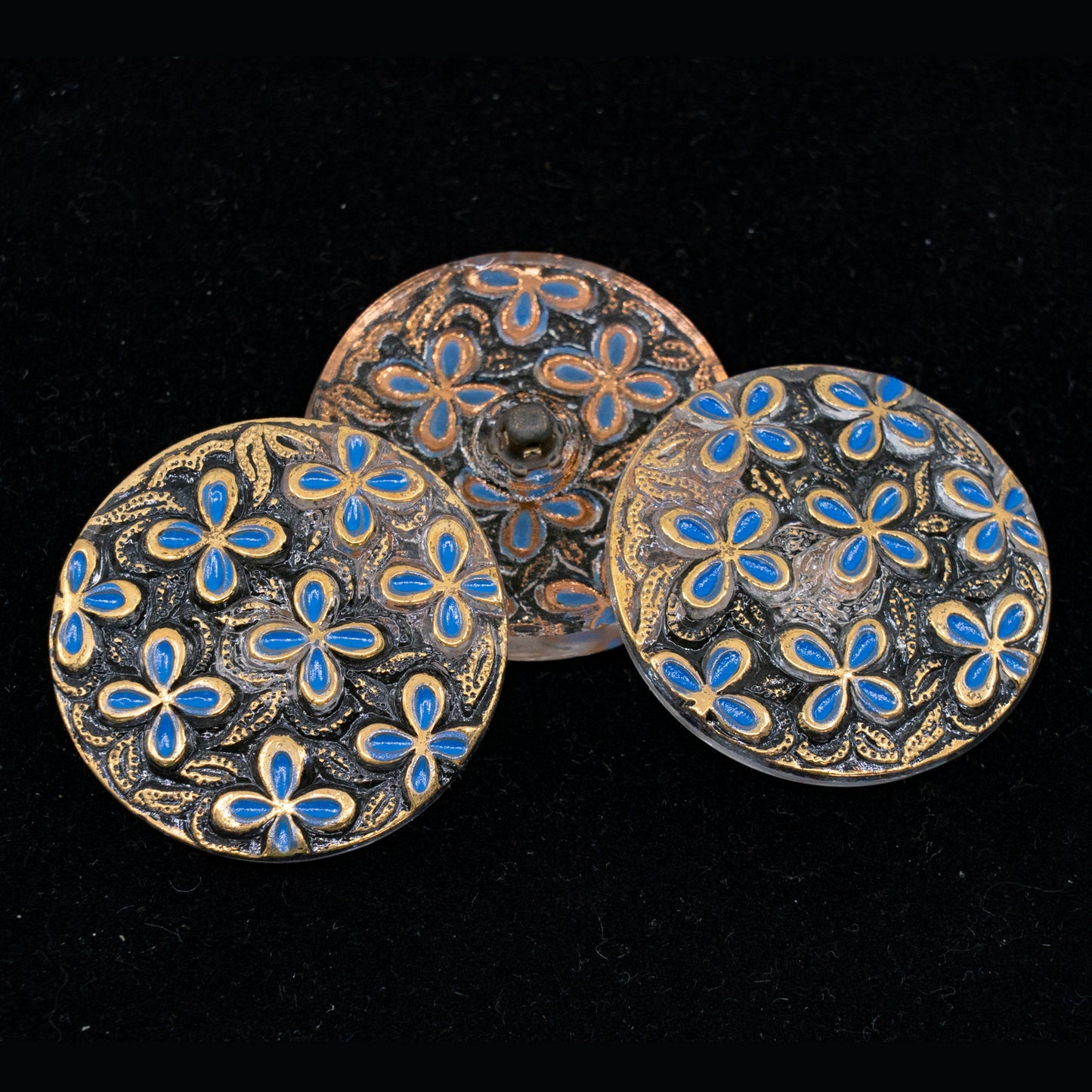 OUTLET 1 pcs Czech Glass Handmade Button, s14 x 32 mm, Flowers Blue Gold (flowers-blue-gold), Glass, Czech Republic