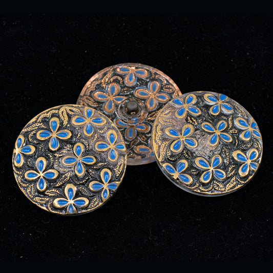 OUTLET 1 pcs Czech Glass Handmade Button, s14 x 32 mm, Flowers Blue Gold (flowers-blue-gold), Glass, Czech Republic