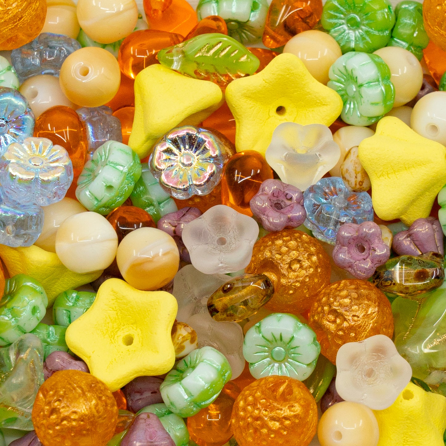 LIMITED Mix of Czech Glass Beads, Hand Made Set Kit, Green Leaves Beads Yellow Petunia Orange