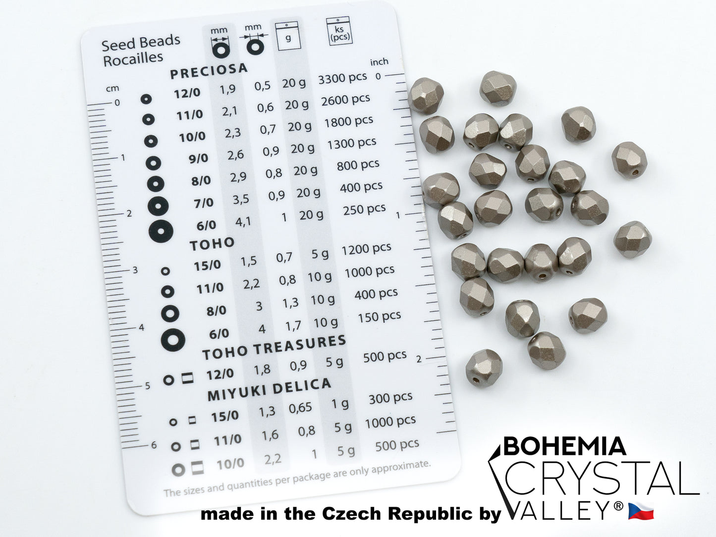 Facted Fire Polish Round Beads Pastel Light Brown (25005), Glass, Czech Republic